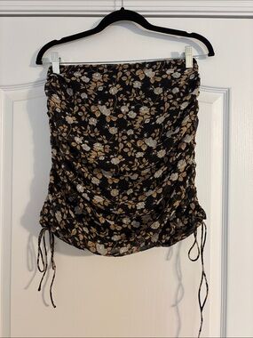 Black Floral Ruched Shirt with Tan & Cream Blooms